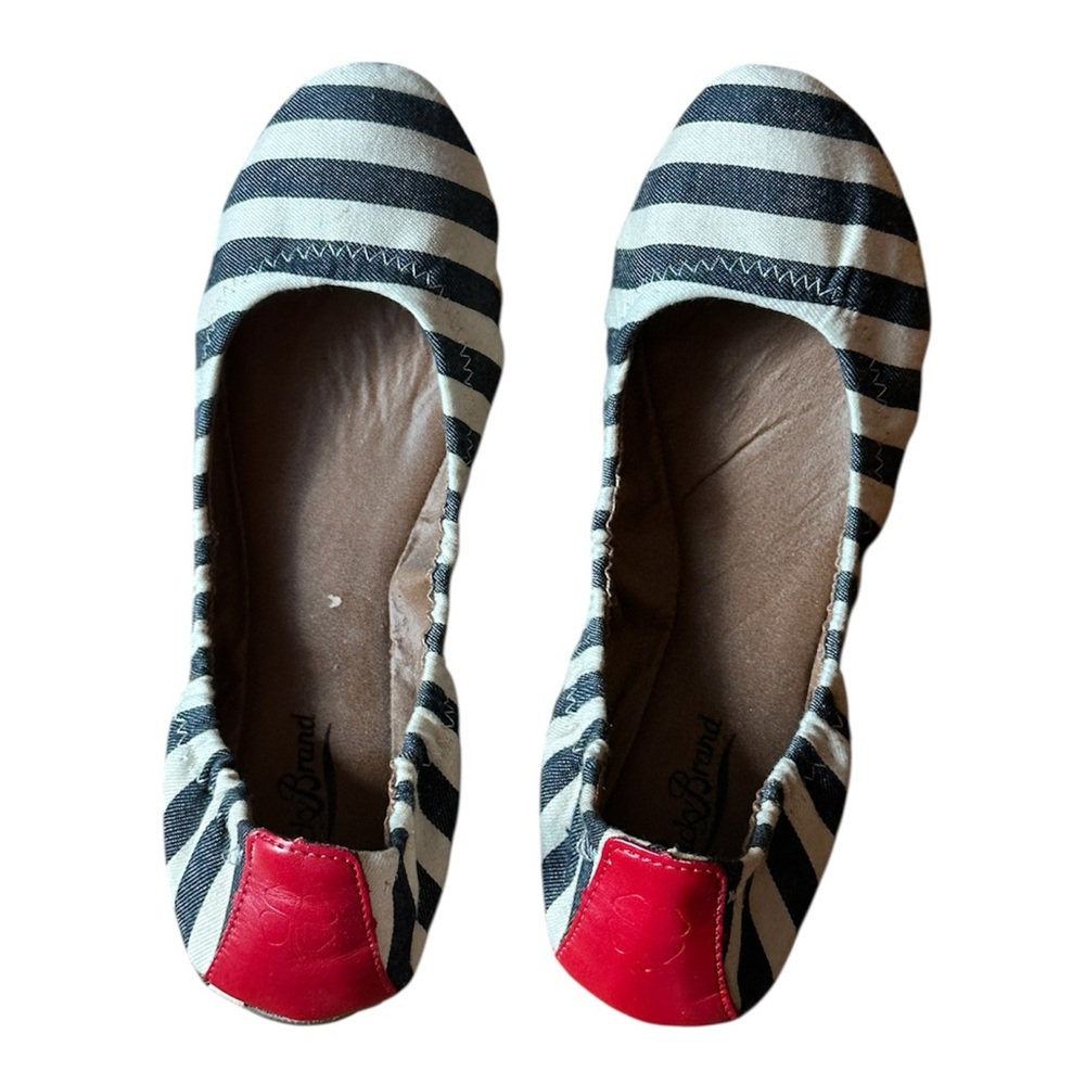 Lucky Brand Striped Navy & White Emmie Ballet flats w/ Red Accent Back Size 8.5